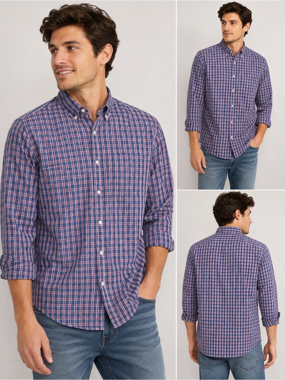 J. Crew Men's Navy and Pink Plaid Button-Down Shirt